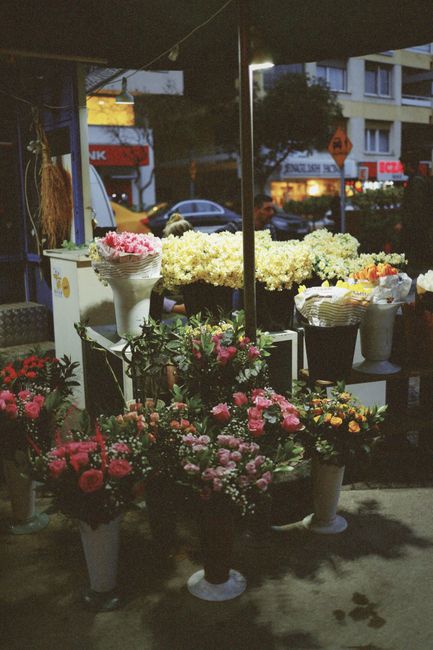 A display of fresh floral arrangements outside Flowers West Harrow, featuring pink roses, white hydrangeas, and mixed seasonal flowers arranged in white and black vases. The flowers are set on white p