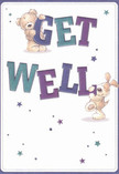 Radiating cheerful optimism, this get well card presents two delightful friends-a cuddly bear and an enthusiastic puppy-each playfully cradling the vivid, oversized letters that spell out 'Get Well.' The luminous indigo and teal shades of the text leap against a softly glowing cream background, reminiscent of the welcoming interiors in West Harrow's community spaces. Scattered star motifs in varied blues and purples twinkle around the scene, infusing it with a sense of magic and gentle encouragement. Every brushstroke celebrates the bear's soft fur and the puppy's floppy ears, conjuring the comfort of a warm embrace or a fresh arrangement arriving from a local florist on a bright afternoon. This send-off is more than words-it's a heartfelt promise of care and renewal, perfect for lifting the spirits of a loved one recuperating in West Harrow.